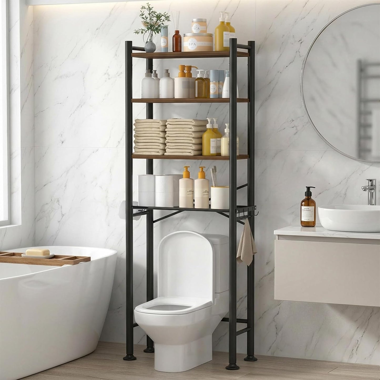 GloTika 3-Tier Over Toilet Storage, Anti-Tilt, 64" H, Black | Anti-Tilt Safety System, 150lb Capacity, Carbon Steel, Freestanding, No Drilling, Anti-Rust Coating, Paper Holder & 4 Hooks
