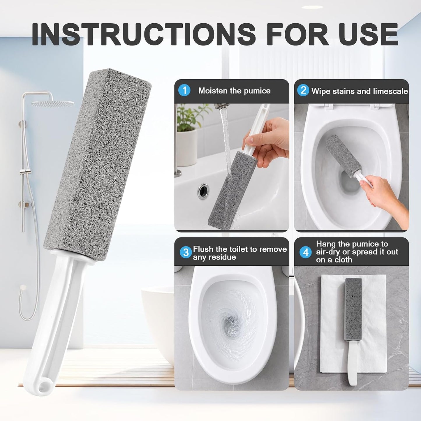 3 Pack Pumice Stone for Toilet Bowl Cleaning with Handle, Scouring Stick Remove Toilet Bowl Hard Water Rings, Calcium Buildup and Rust for Cleaning Toilet, Bathroom, Kitchen Sink, Grill (Gray)