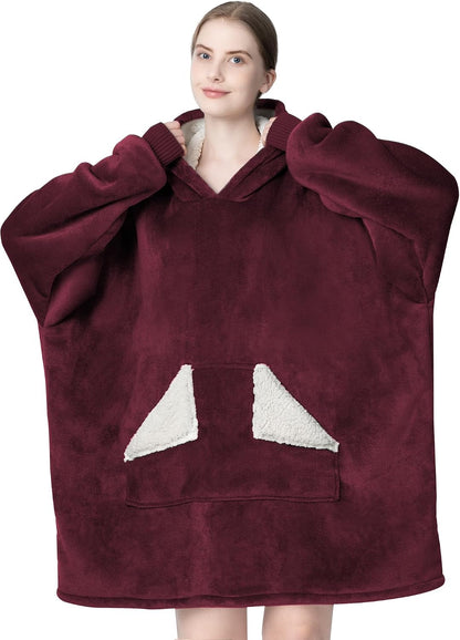 Wearable Blanket Hoodie, Oversized Sherpa Fleece Sweatshirt Blanket with Giant Hood Pocket and Sleeves for Adult, Warm & Cozy Grey Blanket Gifts for Women