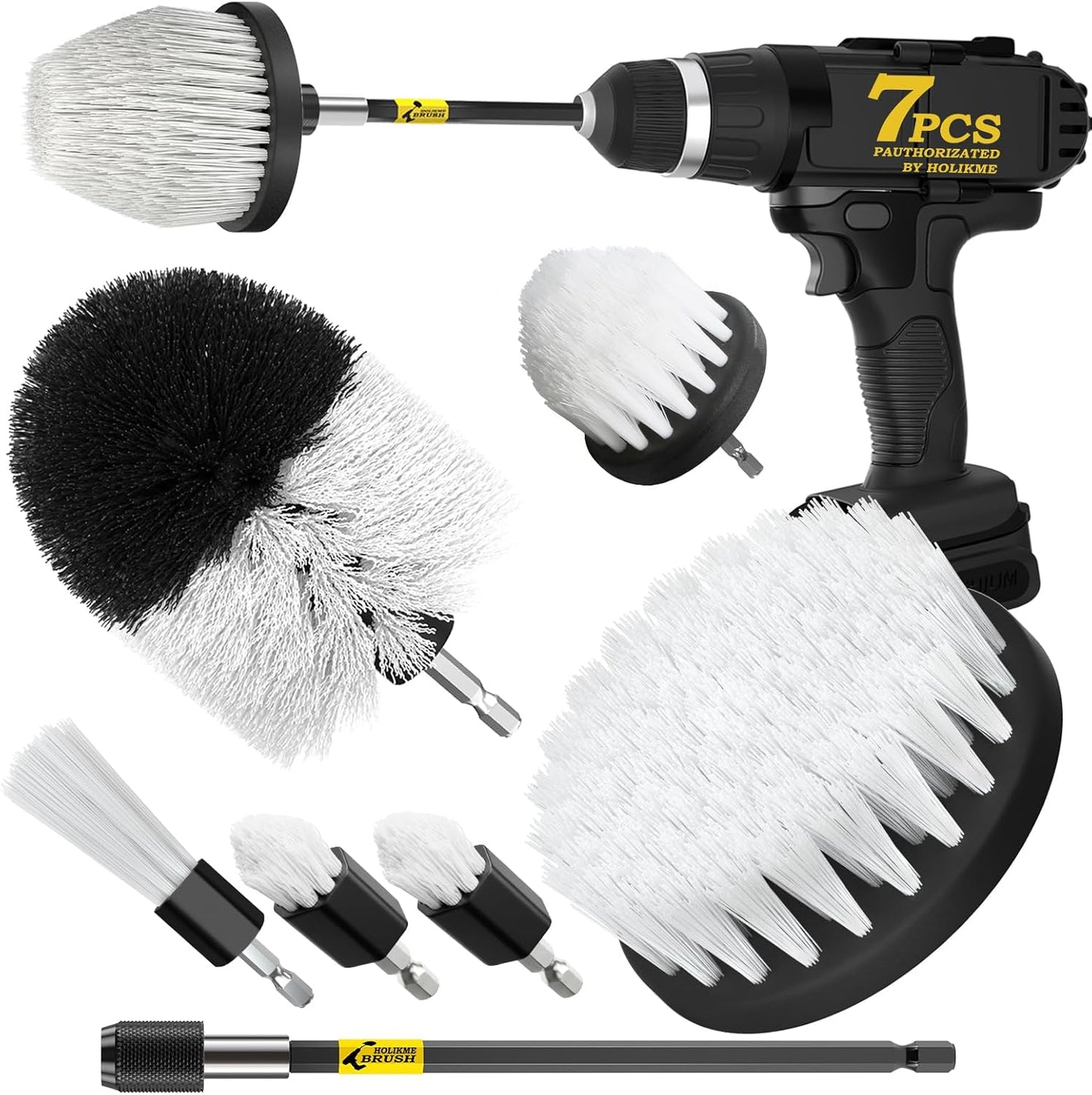 Holikme 7Pack Drill Brush Set with Extension for Car & Home Cleaning | 6 White Nylon Brushes, Power Scrubber Cleaning Kit for Deep Clean, Reaches Corners, Grout, Shower, Carpet, Kitchen