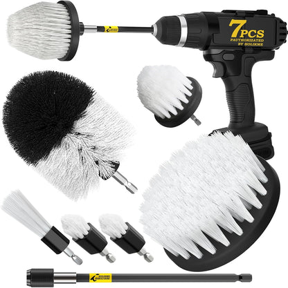 Holikme 7Pack Drill Brush Set with Extension for Car & Home Cleaning | 6 White Nylon Brushes, Power Scrubber Cleaning Kit for Deep Clean, Reaches Corners, Grout, Shower, Carpet, Kitchen