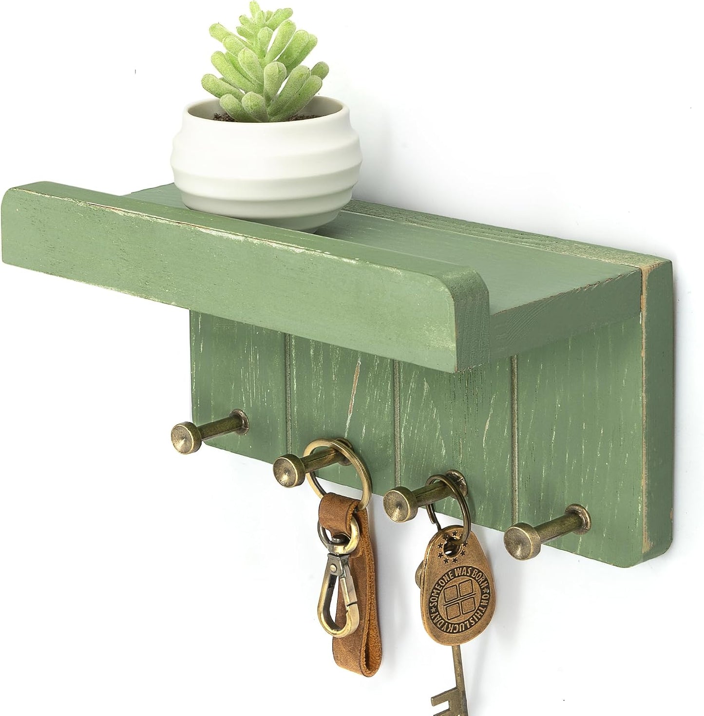 Rebee Vision Key Holder Wall Mount with Shelf for Entryway, Distressed Blue | Key and Mail Holder for Wall, Shelf, 4 Key Hooks, Farmhouse Decor, Room Decor Aesthetic, Compact Home Storage, Wall Organizer