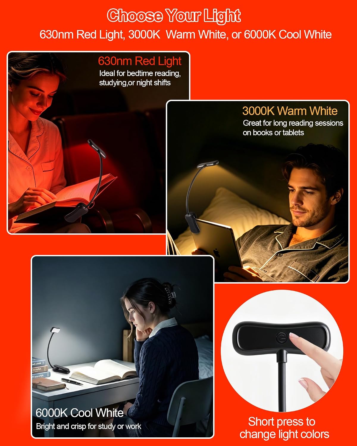 630nm Red Book Light for Reading at Night - Zero Blue Light, Dimmable Reading Lights for Books in Bed, LED Book Lamp Clip on, Gift for Students Parents Nurse Studying Travel [1 Pack]