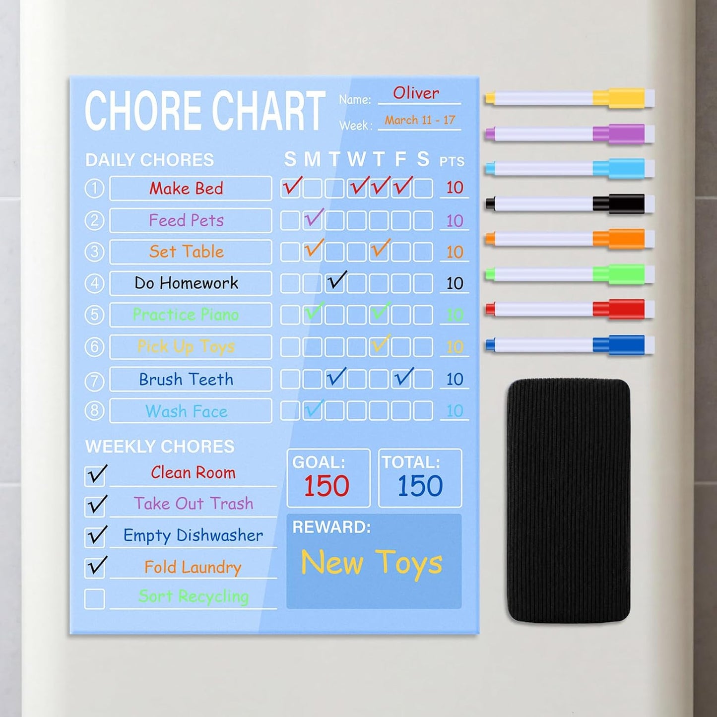 Eaasty Acrylic Magnetic Chore Chart Dry Erase Acrylic Board 8.66" x 11.8" Daily Chore Planner to Do List Reward Responsibility Chart with Magnetic Markers and Board Eraser for Home Refrigerator (Blue)