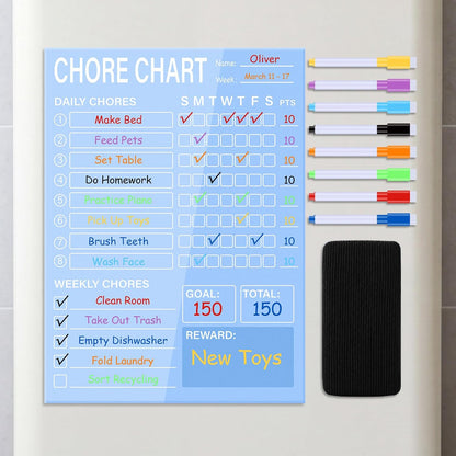 Eaasty Acrylic Magnetic Chore Chart Dry Erase Acrylic Board 8.66" x 11.8" Daily Chore Planner to Do List Reward Responsibility Chart with Magnetic Markers and Board Eraser for Home Refrigerator (Blue)