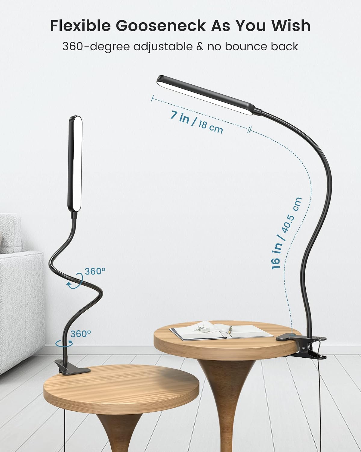 Glocusent Clip On Light, 5W Eye Caring Book Lights for Reading | 5 Color & 5 Brightness with a Remote, 30-Min Auto Off Timer, Multi-Purpose Clip Lamp for Bed Reading/Studying/Working