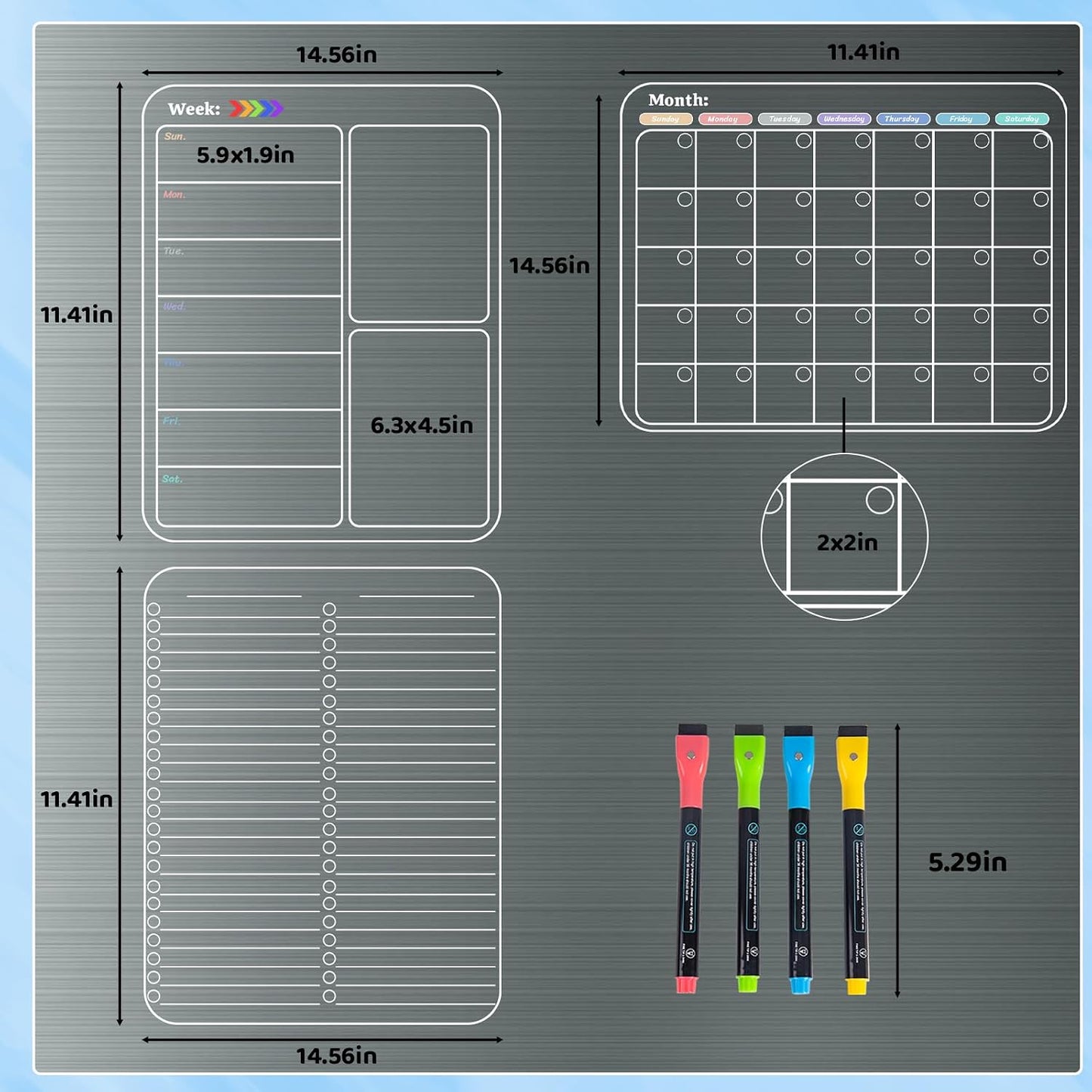 Non-Magnetic Fridge Calendar Set, Reusable Dry Erase Monthly Weekly Planning Boards, Transparent Chore Chart Sticks to Wall, Glass, Door, Any Smooth Surfaces(Month+Week+List)