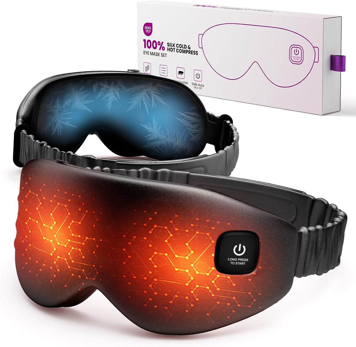 100% Silk Wireless Heated Eye Mask with Cooling & Washable Shells-Black