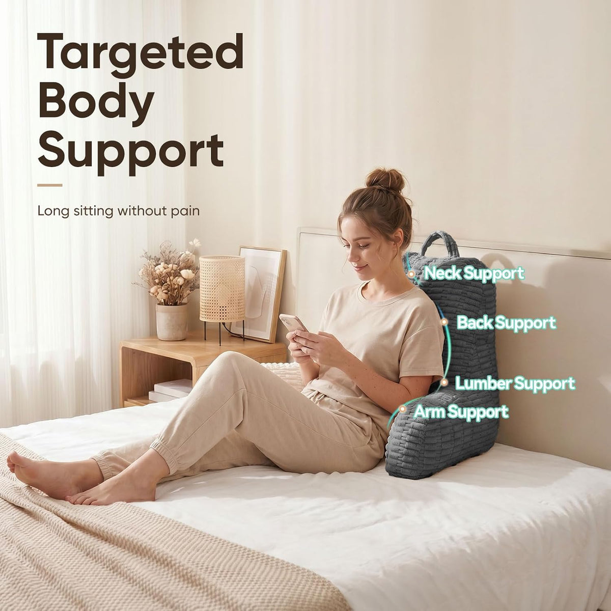 21" Higher Large Reading Pillow for Bed Adult, Back Pillow for Bed Sitting Up with Memory Foam Back Support with Arms Rest for Couch Chair Gray