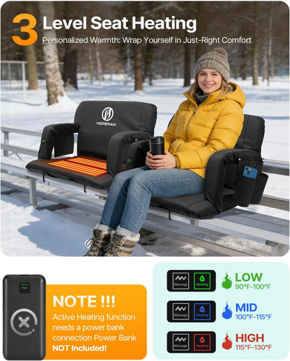 HOPERAN Massage Heated Stadium Seats for Bleachers, Dual Control, Portable | Back Massage, Seat Heated (Battery Not Included), Lumbar Pillow, 6 Recliner, Soft Cushion, Anti-Slip Stability, Side Pockets