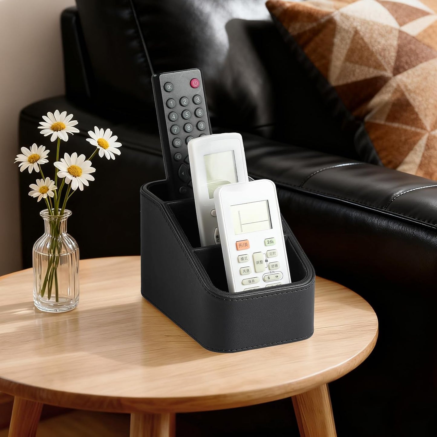 Remote Control Holder, Small Desk Organizer TV Remote Caddy, Black | PU Leather 3 Compartments Remote Holder, Remote Organizer Nightstand Organizer for Couch Bedside Living Room Office