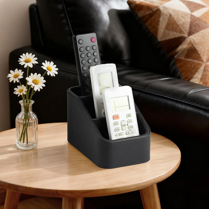 Remote Control Holder, Small Desk Organizer TV Remote Caddy, Black | PU Leather 3 Compartments Remote Holder, Remote Organizer Nightstand Organizer for Couch Bedside Living Room Office