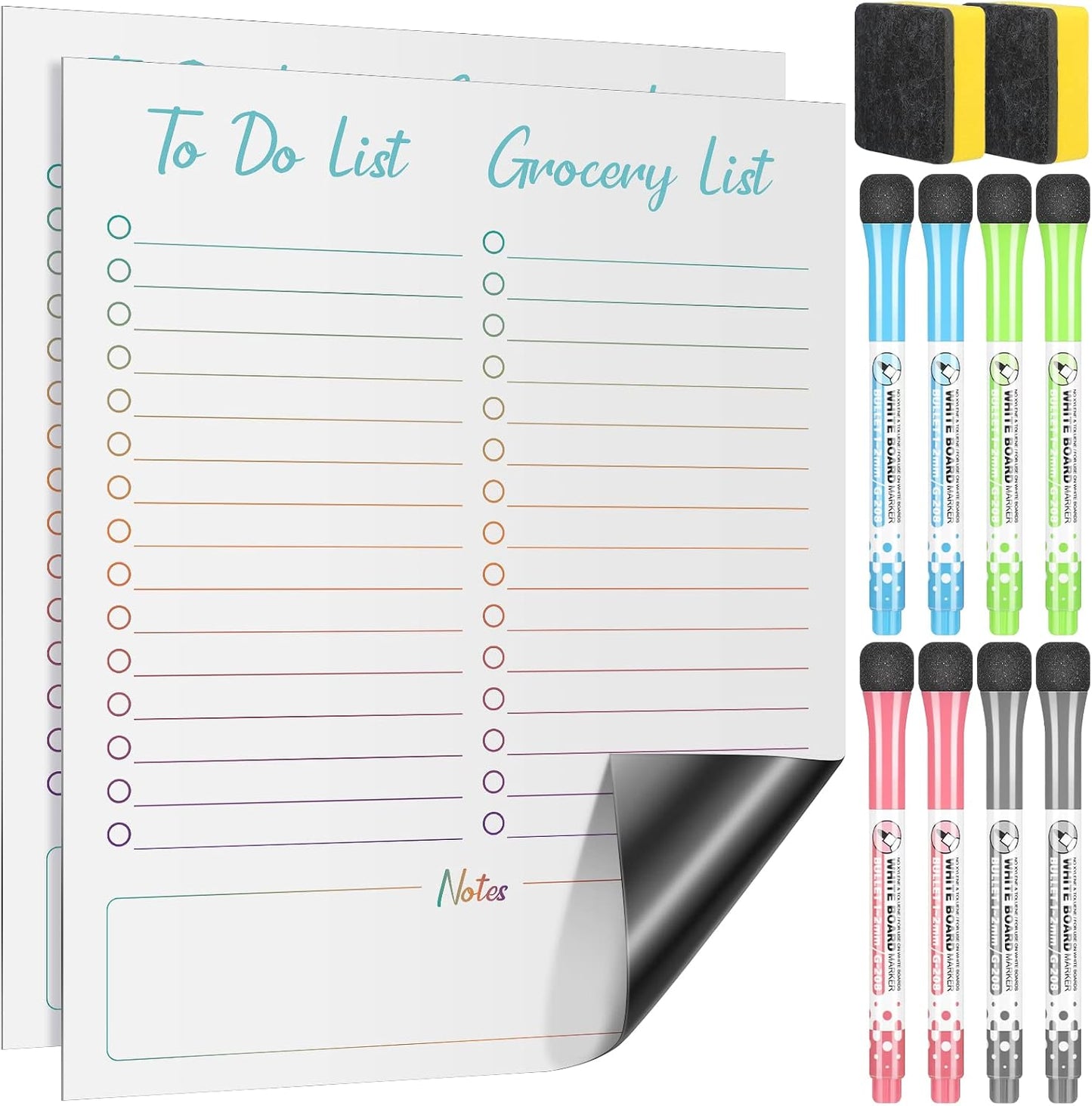 Gueevin 2 Pcs Magnetic Dry Erase Grocery List for Fridge 10" x 12" Magnet White Board Sheet with 8 Whiteboard Markers 2 Eraser Reusable for Refrigerator Kitchen Locker Cabinet Door(Gray Line)