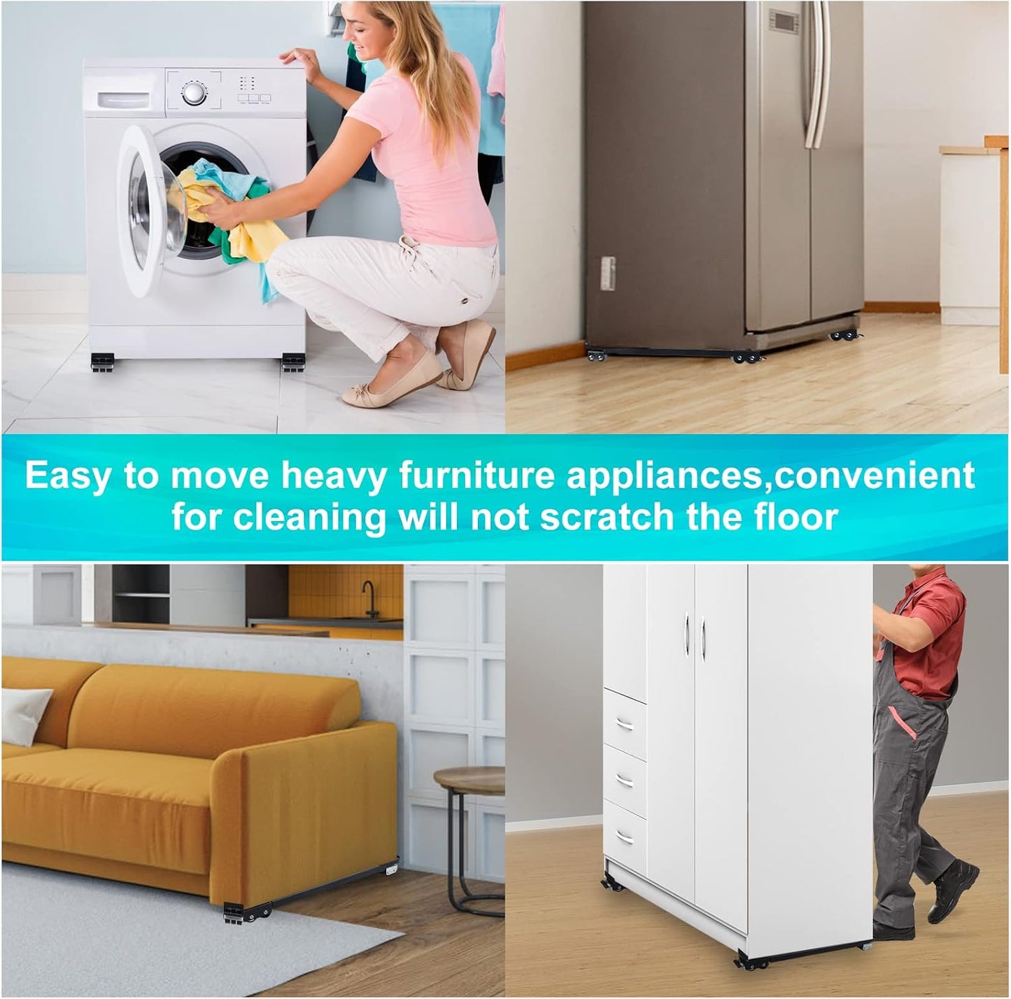 Extendable Furniture Appliances Rollers, Mover Tools for Moving, Black | 24 Roller & Brake Equipment for Heavy Washing Machine Refrigerator for Mobile Wheels Strong Base Stand Hold Up to 660 lb