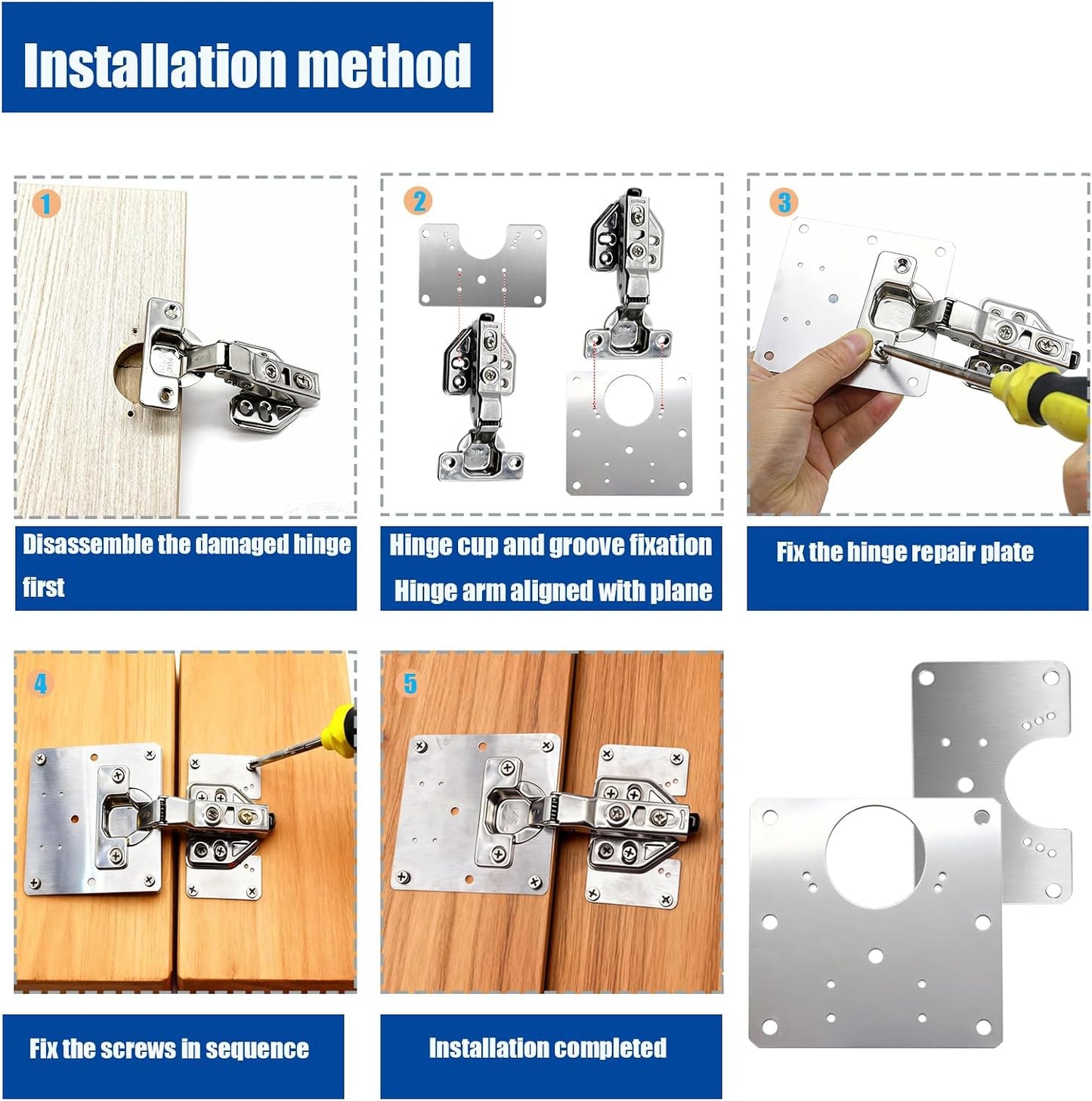 8 PCS Cabinet Hinge Repair Plate, Stainless Steel Hinge Replacement Kit, Stainless Steel Door Hinge Plate, Hinges Repair Board, Cabinet Fixing Plate Bracket with Mounting Screws for Kitchen Cabinet