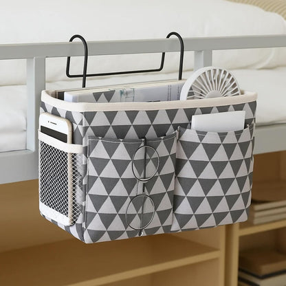 Bedside Caddy Organizer Hanging Storage Basket with Large Pockets & Hooks, Heavy-Duty Canvas Bedside Organizer for Bunk Beds, Dorm Rooms, Hospital Beds & Small Spaces (Gray Triangle Pattern)