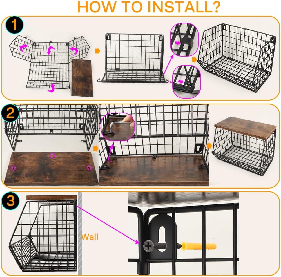 Picowe Laundry Room Shelves Wall Mounted, Metal Basket with Wood Lid (S) | Stackable & wall-mountable. Rust-resistant steel. Wooden top stores dryer sheets & lint rollers. Fits over washer/dryer.