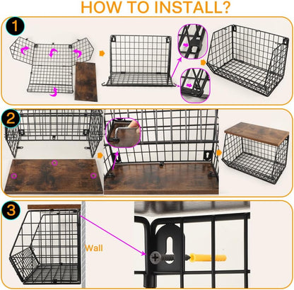 Picowe Laundry Room Shelves Wall Mounted, Metal Basket with Wood Lid (S) | Stackable & wall-mountable. Rust-resistant steel. Wooden top stores dryer sheets & lint rollers. Fits over washer/dryer.