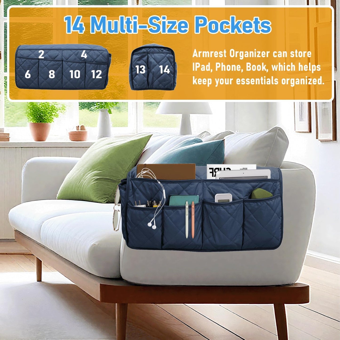 Armchair Caddy, Remote Control Holder for Recliners, Sofa Armrest Organizer, Non Slip Recliner Organizer, Couch Caddy with 14 Pockets Storage for TV Remote, Phone, Magazine (Brown)
