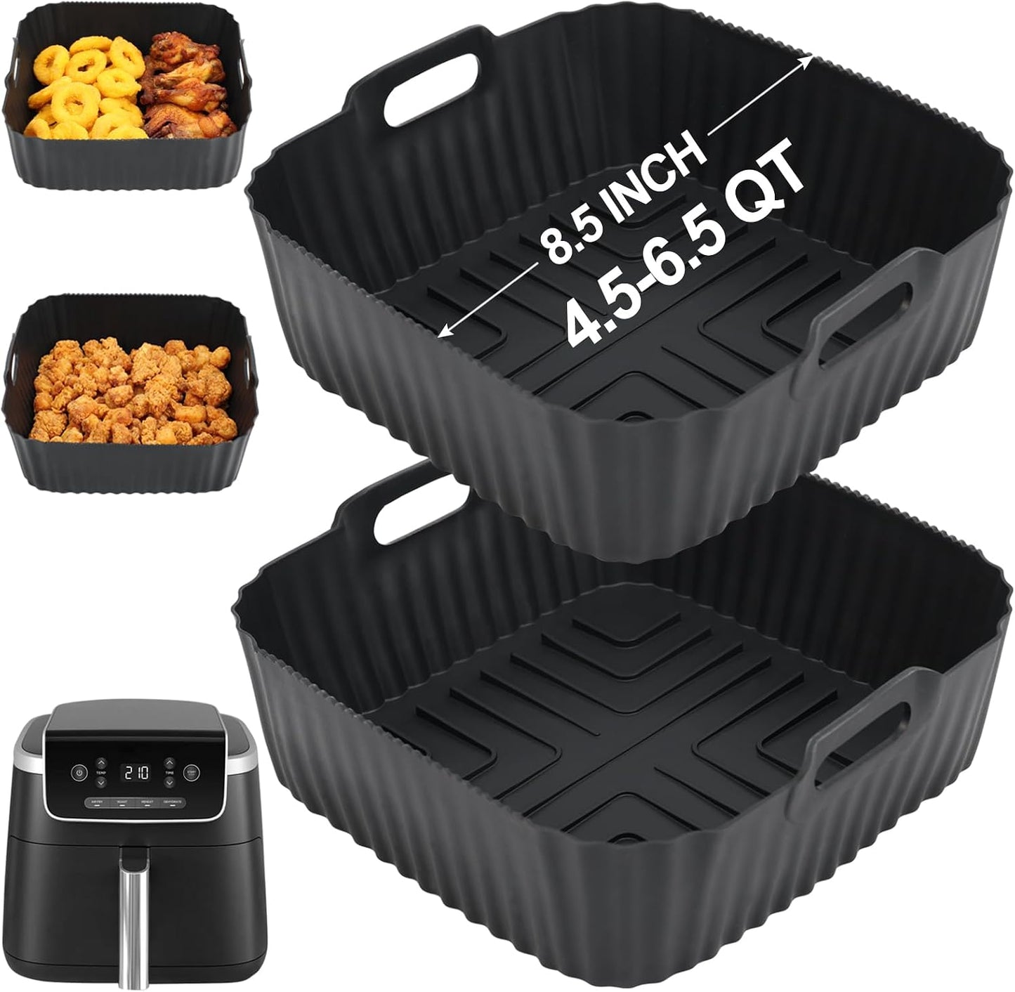 BYKITCHEN 9 Inch Square Silicone Air Fryer Liners for 6 to 8QT, Set of 2, Reusable Silicone Airfryer Tray Insert, Air Fryer Accessories for Corsori 6QT, Ninja Airfryer Pro XL 6.5QT, Gourmia & More