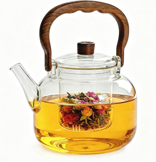 Glass Teapot, 1000ml Borosilicate Stovetop Safe Tea Kettle | Lead-Free Borosilicate Glass, Removable Stainless Infuser, Safe For Gas & Ceramic cooker, Ideal For Loose Leaf Tea