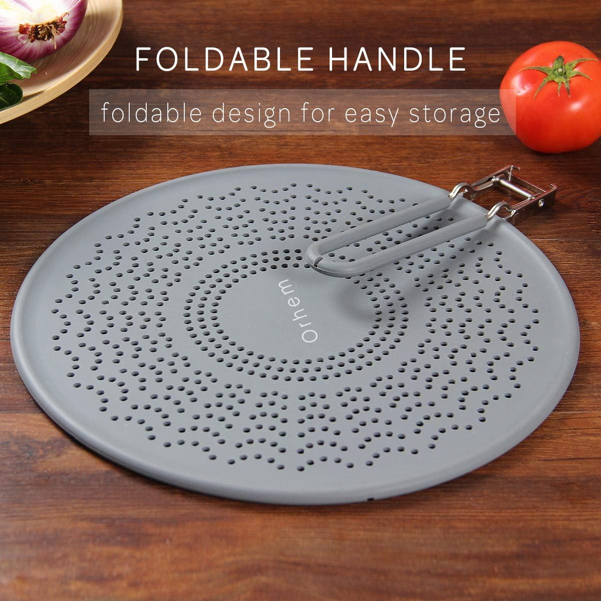 Silicone Grease Splatter Screen Pan Cover with Folding Handle, Heat Resistant Cooling Mat, Strainer, Drain Board, Oil Splash Guard for Frying Pan Cooking, 11.4 Inch