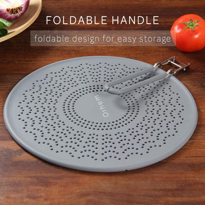 Silicone Grease Splatter Screen Pan Cover with Folding Handle, Heat Resistant Cooling Mat, Strainer, Drain Board, Oil Splash Guard for Frying Pan Cooking, 11.4 Inch