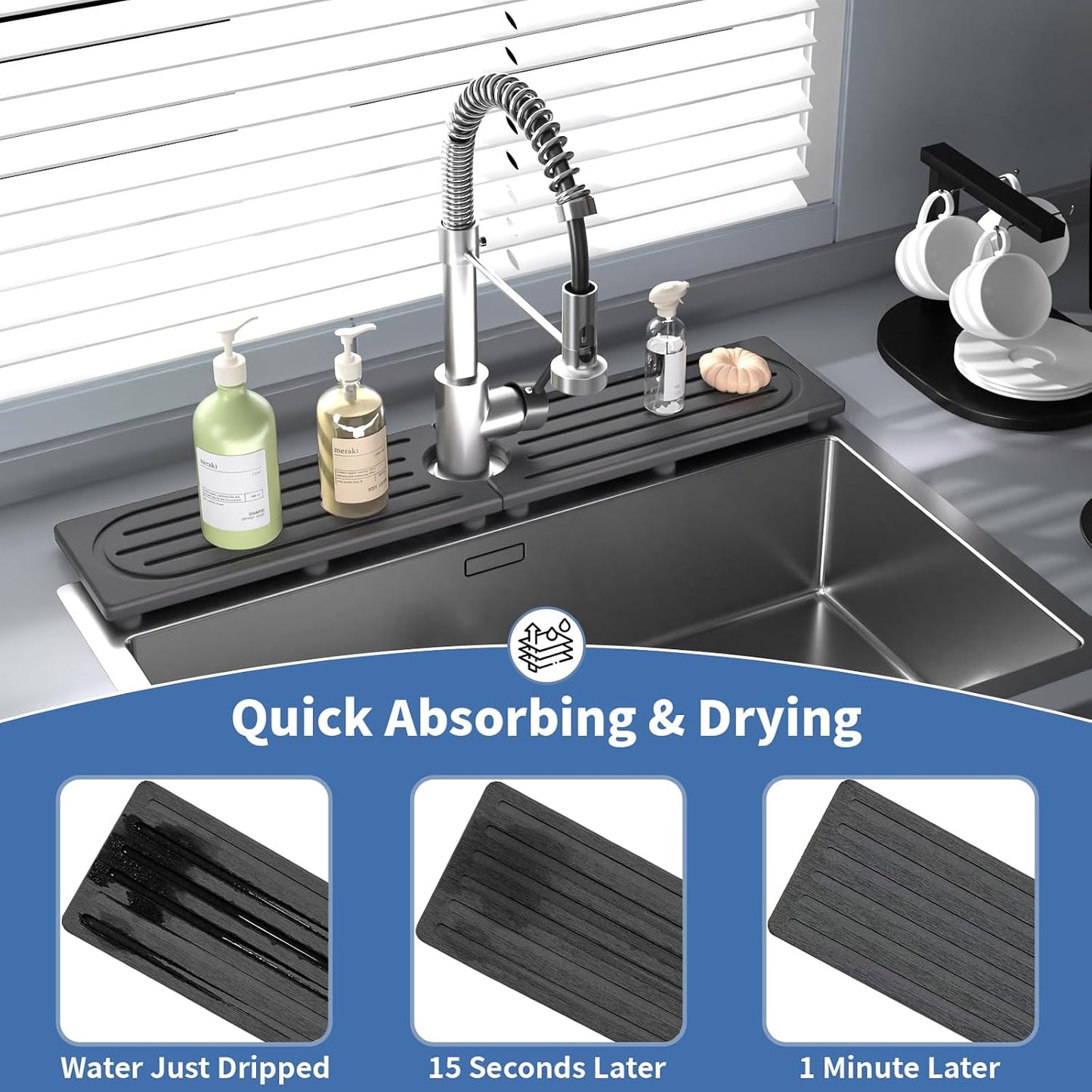 Faucet Mat for Kitchen Sink, Water Absorbent Kitchen Faucet Mat, Durable Sink Splash Guard with Raised Feet, Diatomite Fast Drying Kitchen Sink Faucet Mat, Bathroom Stone Drying Tray for Counter