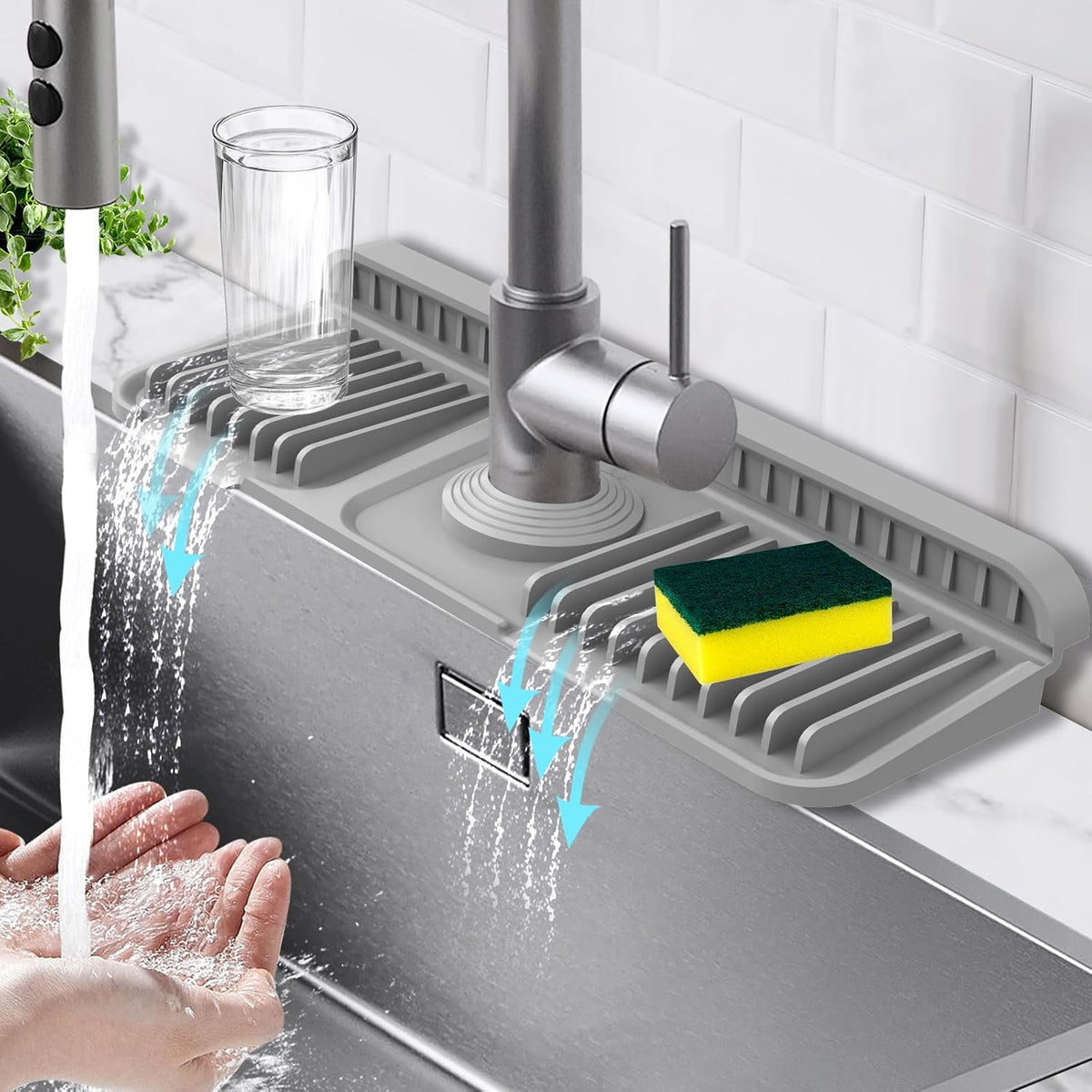 17.7-Inch Kitchen Sink Splash Guard Mat | 7° Slope for Fast Self-Draining | Snap-Lock Design | Universal & Cuttable Silicone Faucet Mat Gray