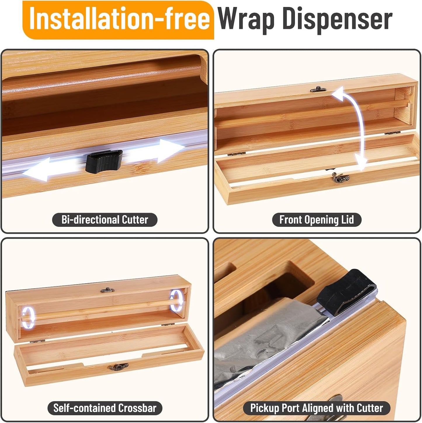 Allinside Magnetic Plastic Wrap Dispenser with Cutter, 3 in 1 Refrigerator Bamboo Wood Organizer for Tin Foil, Baking, Wax Paper Holder Kitchen Storage Box Compatible with 12.9" Roll, Black (3 Layer)