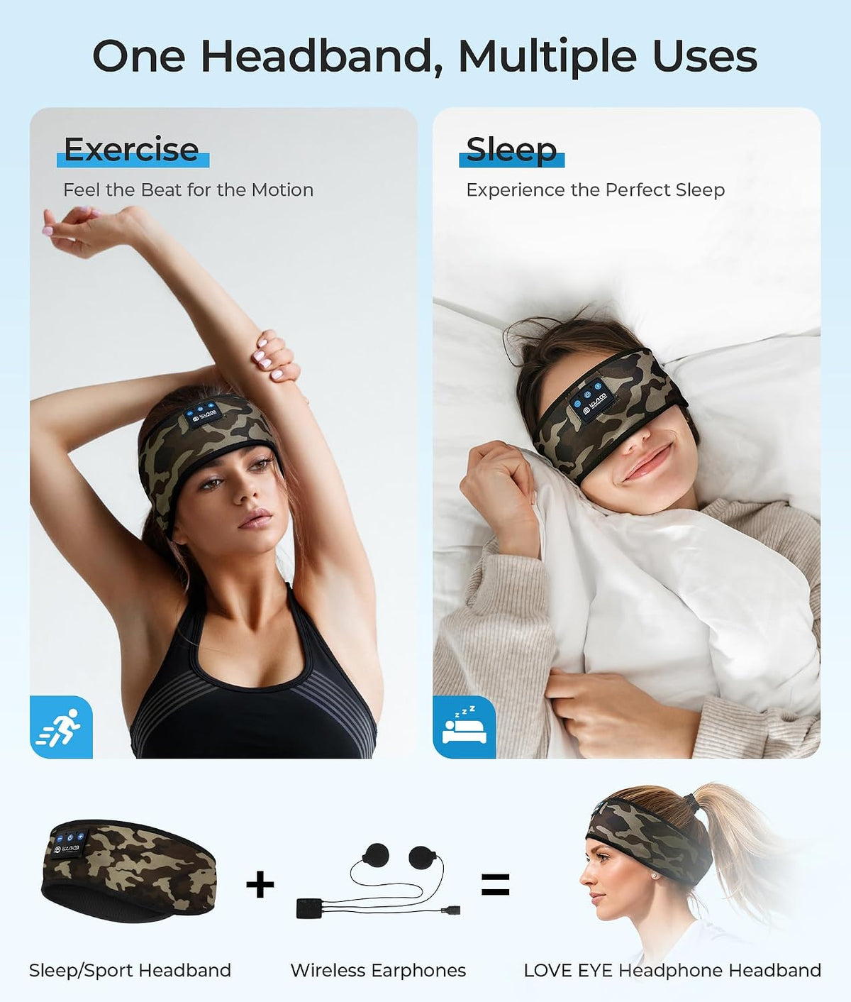 LOVE EYE Sleep Sport Headphones Wireless Bluetooth 5.4 Headband Headphone