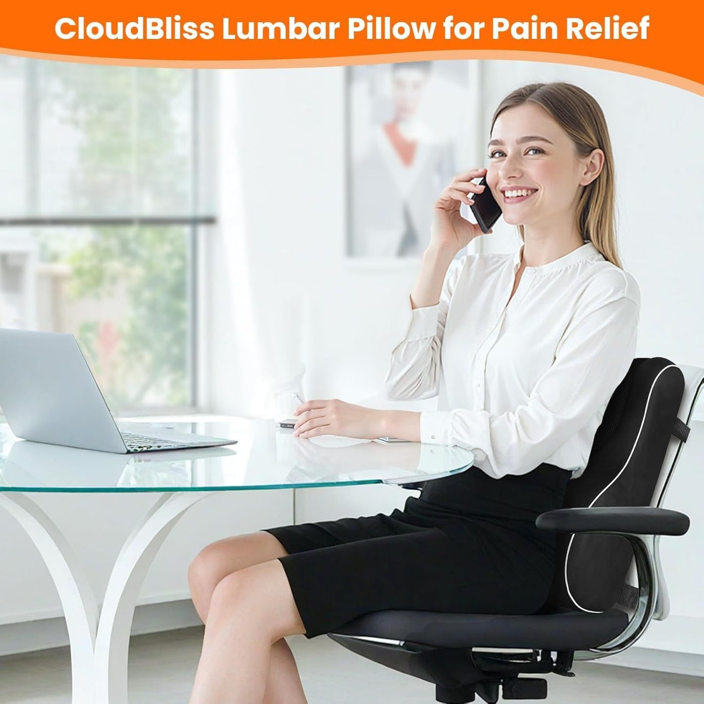 CloudBliss Lumbar Support Pillow, Memory Foam for Office Chair, Black | Ergonomic High-Density Memory Foam, Adjustable Straps, Washable Mesh Cover, Lower Back Support for Office, Gaming & Car Seat