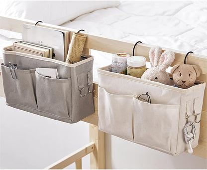 Bedside Caddy Hanging Bed Organizer Storage Bag Pocket for Dorm Rooms Bed Rails Nightstand Hanging Bag Cotton Linen Bedside Storage Pocket Organizer Basket for Bunk Bed Dorm Rooms(Grey)