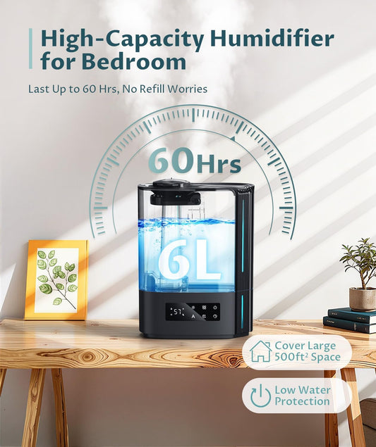 BREEZOME 6L Humidifier for Bedroom Large Room Smart Humidistat Control | 60H Runtime, 25dB Quiet, Essential Oil Diffuser, Top Fill Ultrasonic Cool Mist Humidifiers for Baby, Plants, Nursery