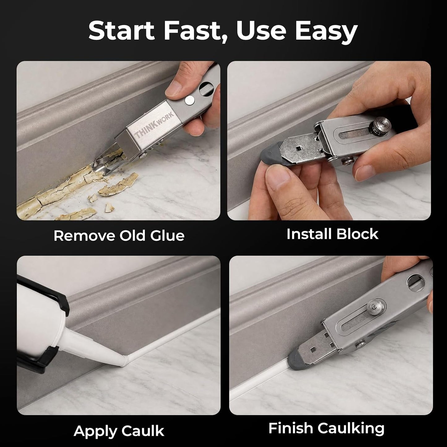 6 in 1 Silicone Caulking Tool Kit, Stainless Steel Caulk Remover Tool | Heavy-Duty Construction, Quick & Easy to Use, 5 Replaceable Silicone Pads, PU Leather Pouch, Remove, Apply & Finish Caulk