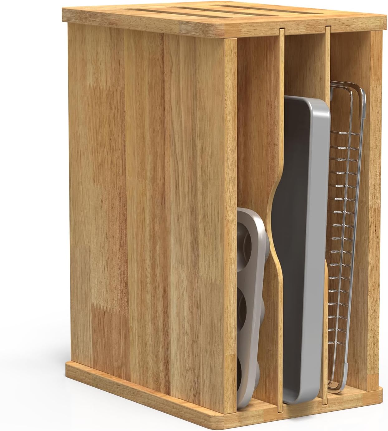 4 Tier Rubber Wooden Tray Dividers for Cabinets, Cookie Sheet Organizer | Heavy Weight, Premium Wood, Multiple Sizes, Saving Space, Vertical Tray Dividers for Storing pans, Baking tray, Cutting Board