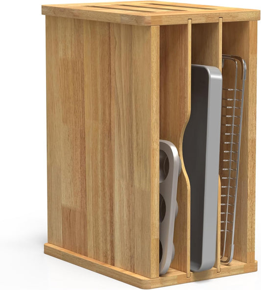 4 Tier Rubber Wooden Tray Dividers for Cabinets, Cookie Sheet Organizer | Heavy Weight, Premium Wood, Multiple Sizes, Saving Space, Vertical Tray Dividers for Storing pans, Baking tray, Cutting Board