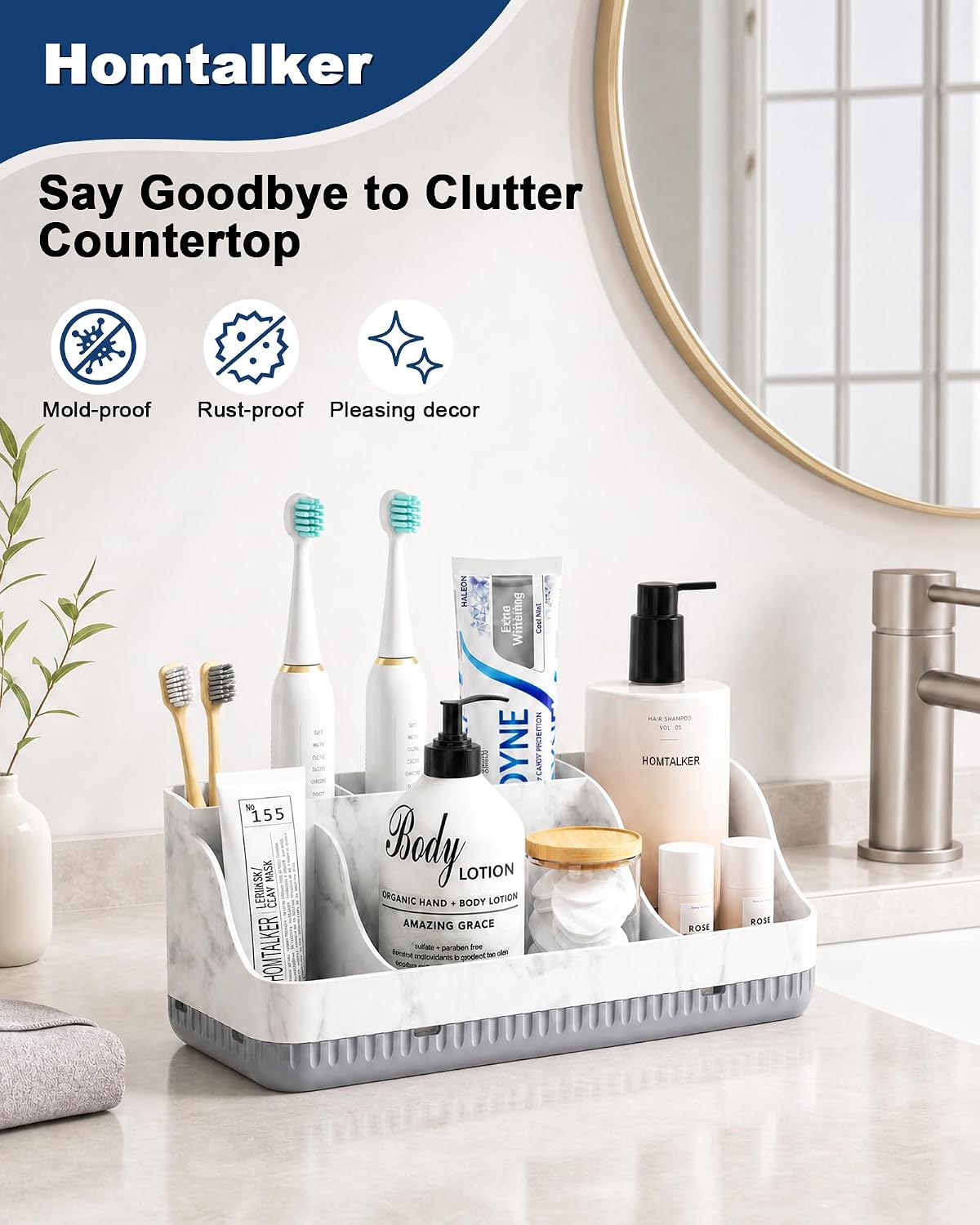 Bathroom Counter Organizer and Storage, 7 Slots Detachable Toothbrush Holders for Bathrooms, Anti-Slip Electric Toothbrush and Toothpaste Holder Countertop Vanity Organizer Accessories for Adults Kids