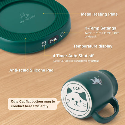 Cat Mug Coffee Mug Warmer Set for Desk Electric Heated Tea Cup Candle Plate | Cute Cat Cup Warmer Set, Self Heating Tea Warmer for Office Home, 8Hrs Auto Shut Off 4 Temperature Setting, Christmas Gift