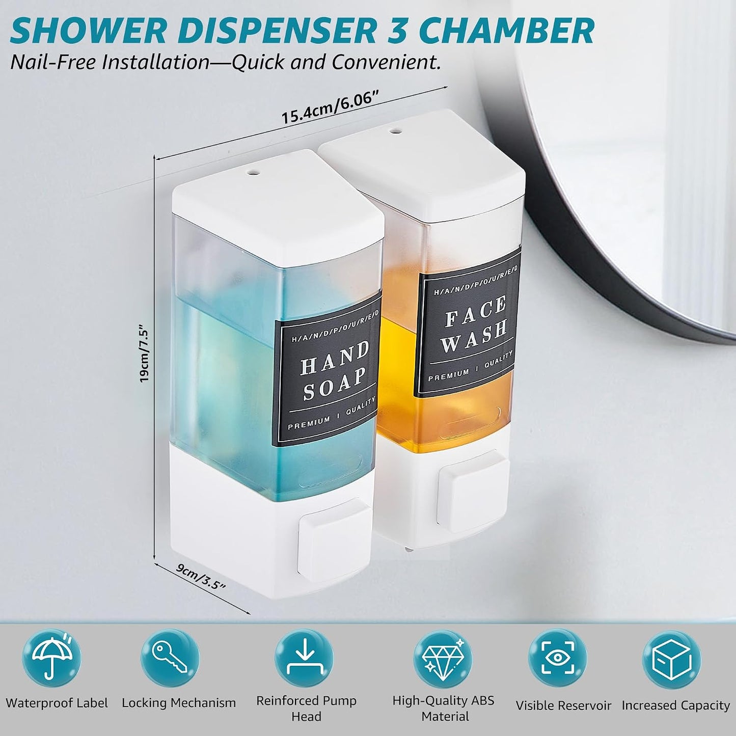 Shampoo and Conditioner Dispenser for Shower, 3 Chamber, Black | Wall Mounted, No Drill, 3×16.9oz, ABS Plastic Material, Refillable With Labels, For Bathroom Hotel