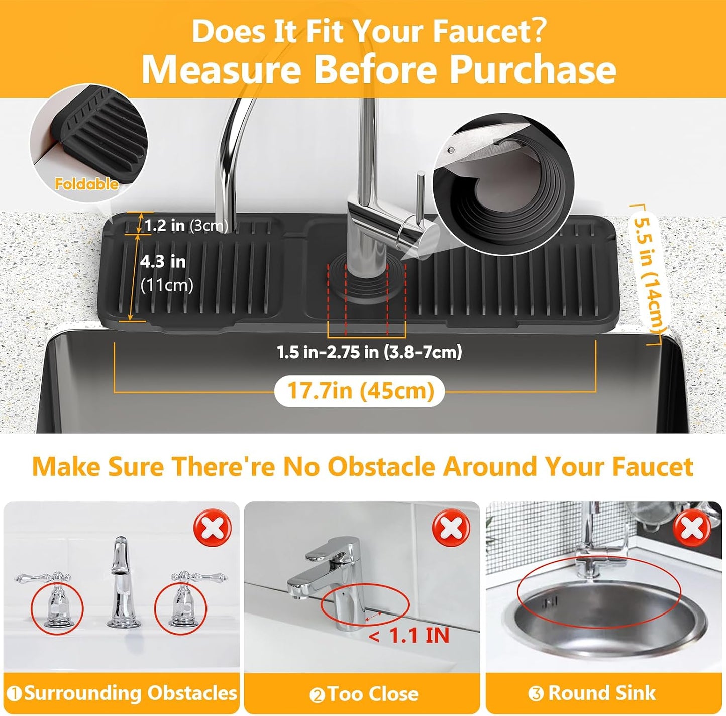 24'' Longer Faucet Mat for Kitchen Sink Splash Guard[7° Slope Fast Self-draining][Snap Lock Fit]Kitchen Sink Faucet Mat Splash Guard Kitchen Sink Area Water Splash Guard Behind Faucet Draining Mat