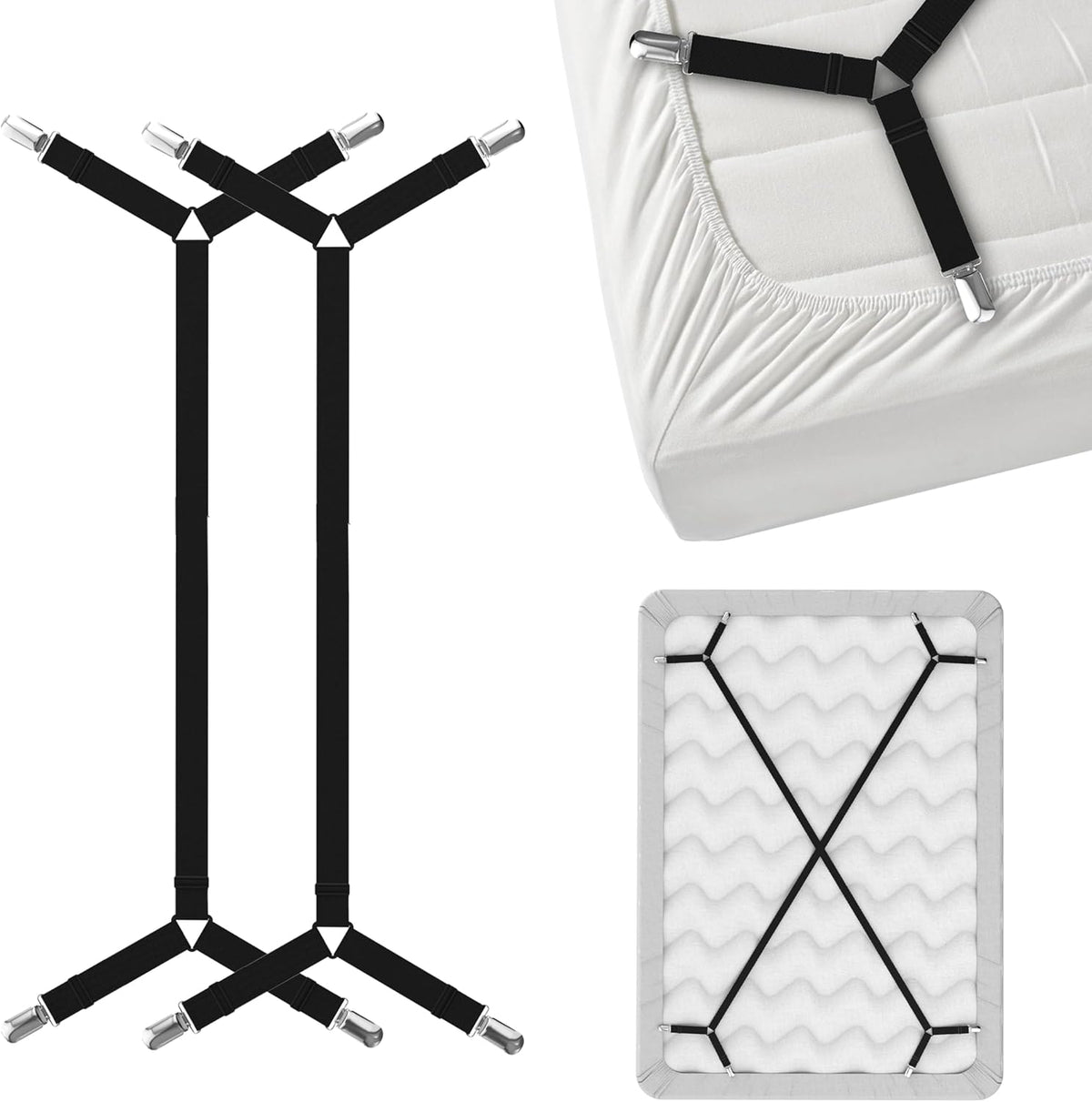 FeelAtHome Criss-Cross Bed Sheet Holders, 2 PCS Black, Mattress Straps