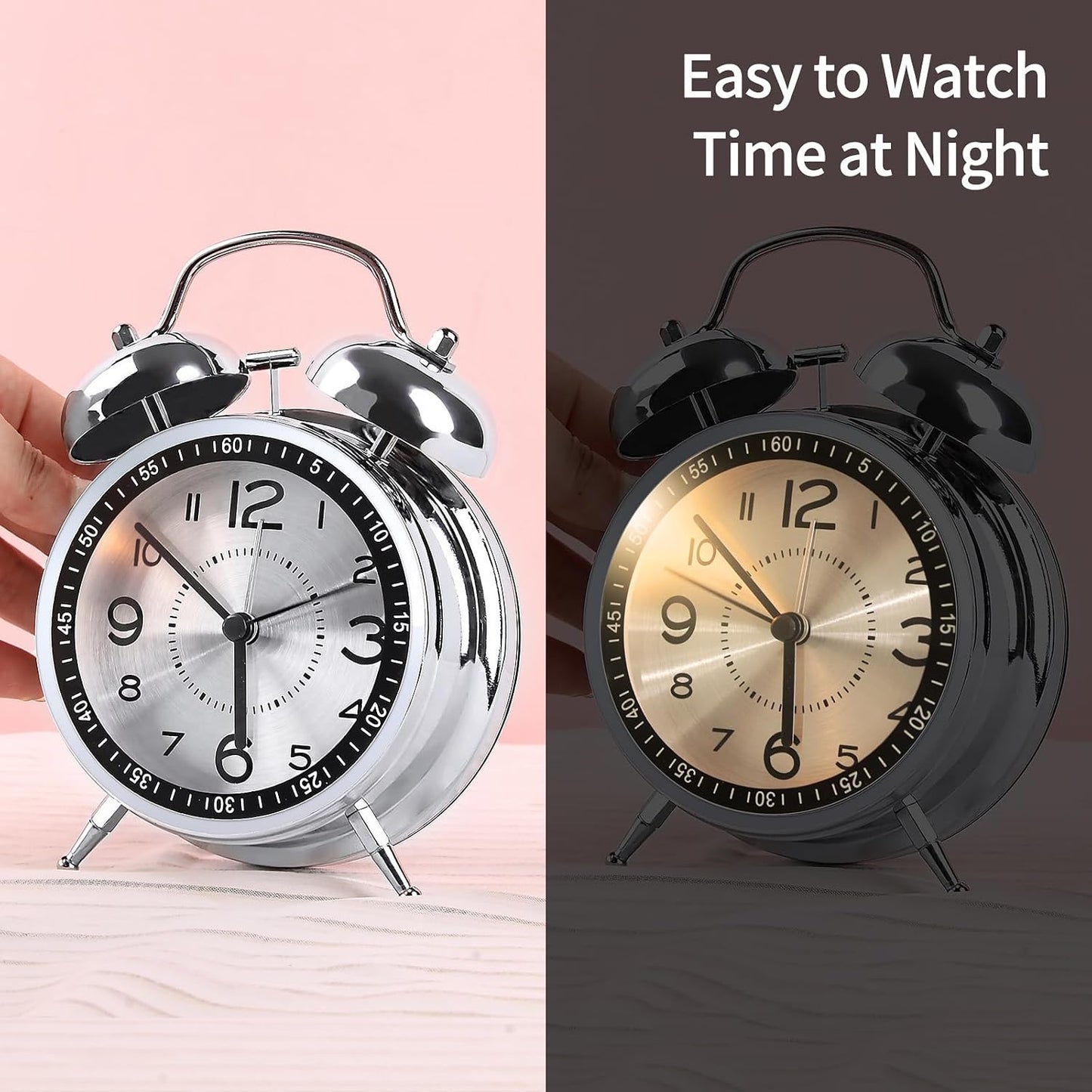 pxy Loud Alarm Clock for Heavy Sleepers 3D Dial Battery Operated (Battery Include), 4" Super Silent Analog Alarm Clock for Kids with Night Light PT260 Silver OrangePT505 Green White