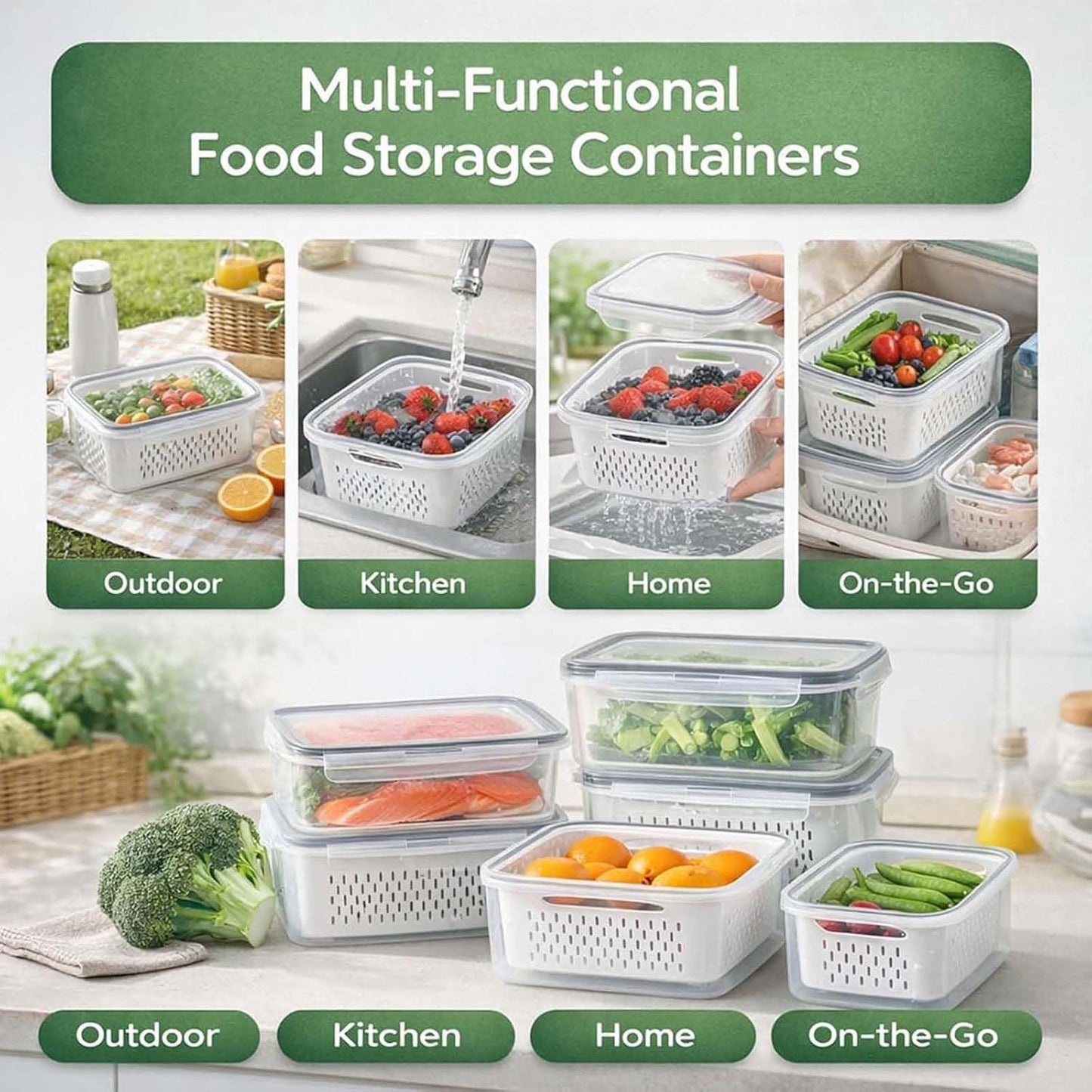 4-in-1 Produce Saver Containers - Fresh Berry Keeper with Removable Colander & Airtight Lid - Stackable Fruit and Vegetable Fridge Organizer Bins - BPA-Free Plastic Food Storage (3pcs)