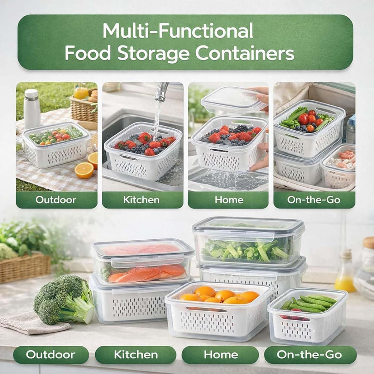 4-in-1 Produce Saver Containers - Fresh Berry Keeper with Removable Colander & Airtight Lid - Stackable Fruit and Vegetable Fridge Organizer Bins - BPA-Free Plastic Food Storage