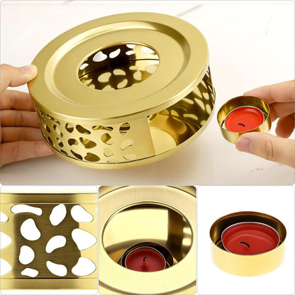 QWORK Tea Kettle Warmer, Brushed Stainless Steel Tea Kettle, Hollow Frame, with Tea Candle Holder, Fits Most Teapots, Gold
