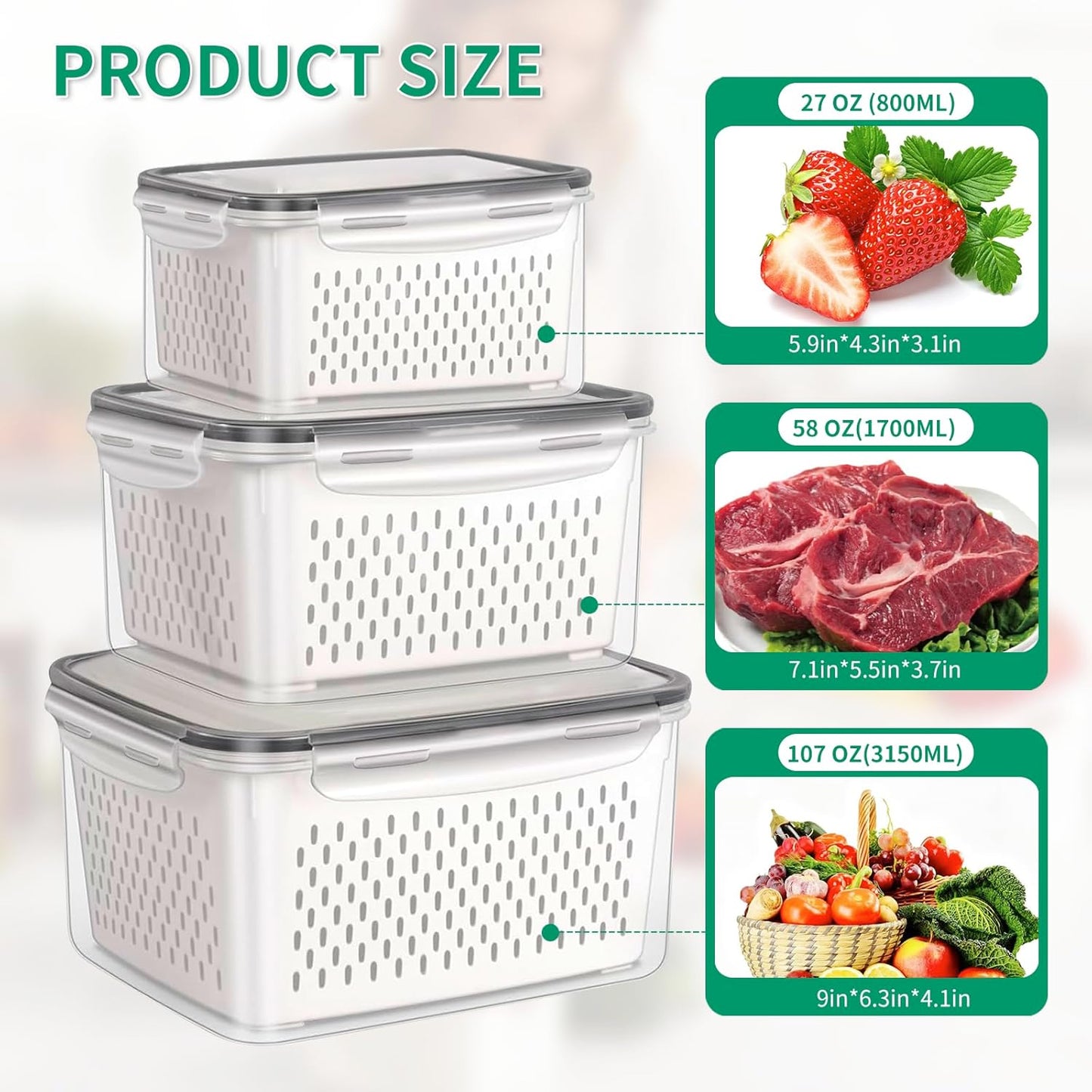 3 Pcs Fruit Containers for Fridge, Strawberry Storage Containers for Fridge, Food Storage Container with Airtight Lid, Removable Colander Basket for Rinsing and Draining, Keep Produce Fresh Longer