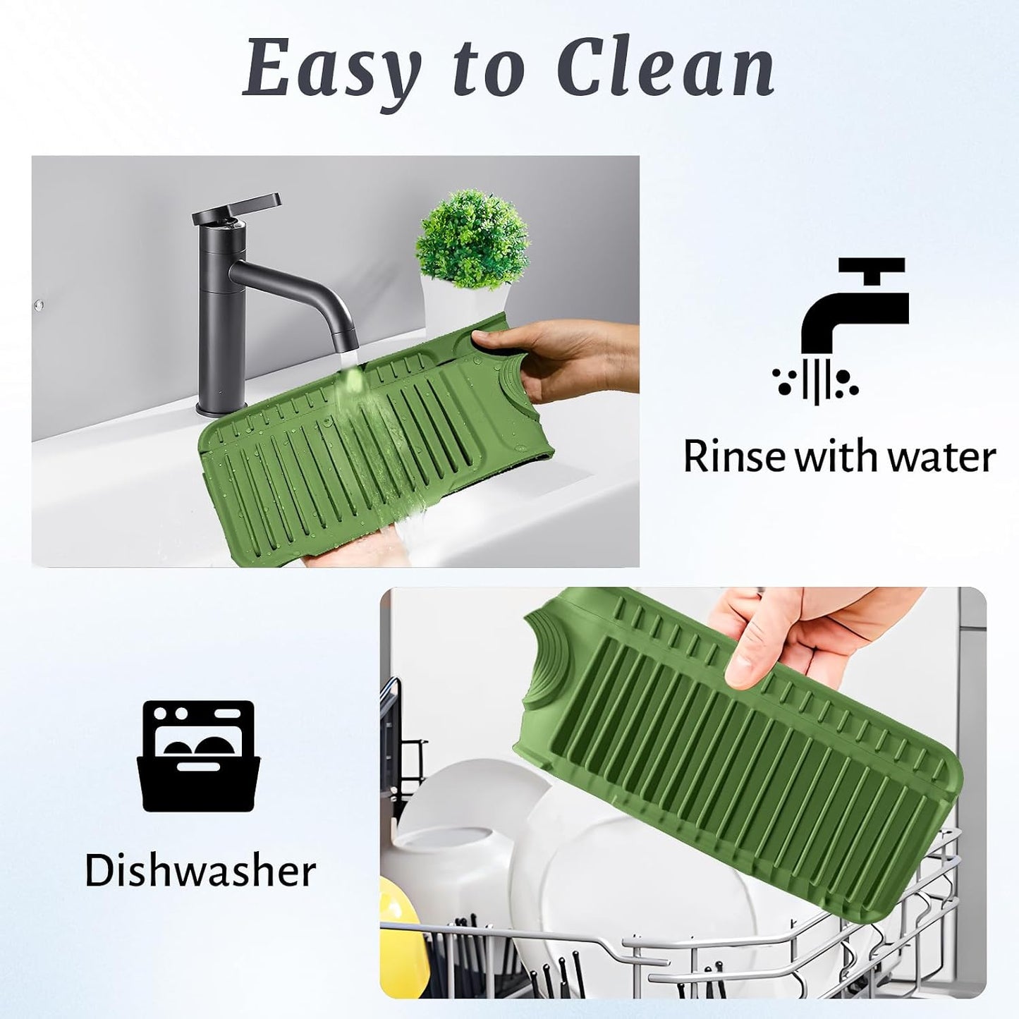PoYang 24 Inch Faucet Mat for Kitchen Sink Splash Guard, Silicone, Black | Sink Protectors with 7° Slope for Smooth Drainage, Snap Button Holds It in Place, 90° Foldable & Cuttable Hole Fit Most Sinks