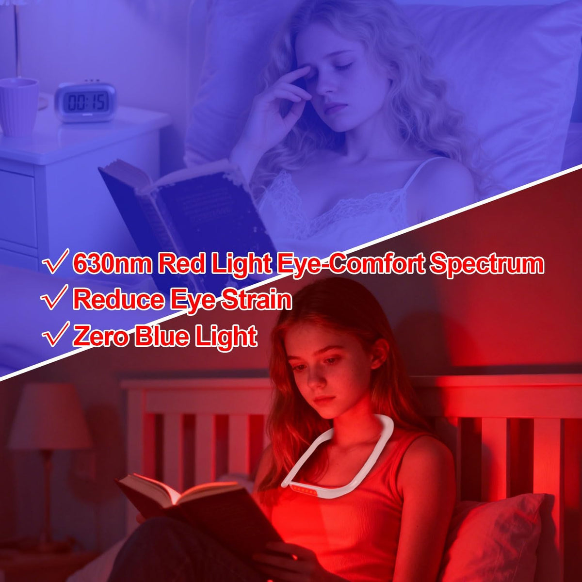 630nm Red Neck Reading Light - Zero Blue Light, Rechargeable Dimmable Portable LED Red Neck Book Lamp for Reading, Crafts, Knitting, Crochet at Night, Ideal Gift for Readers and Craft Lovers