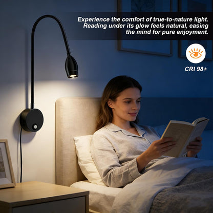 Wall Mounted LED Reading Light with 15" Flexible Gooseneck, Dimmable Book Light for Reading In Bed with USB Charging Port, Plug In Headboard Night Lights, 3 Colors Temperature, Touch Control-2 Pack